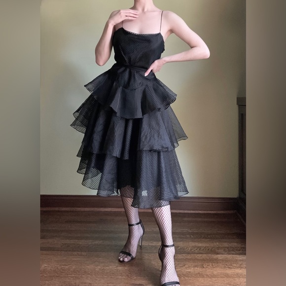 Wednesday Dress, Tiered Ruffled Formal Gown, Tea Length, Goth Prom Dress - Picture 3 of 14